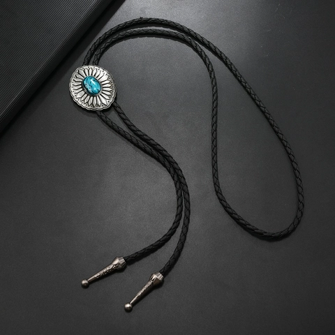 Corbata Bolo de Cuero Retro Western Collar Con Colgante de Flor de Turquesa Artificial Para Hombre Mujer Joyería de Plata Antigua