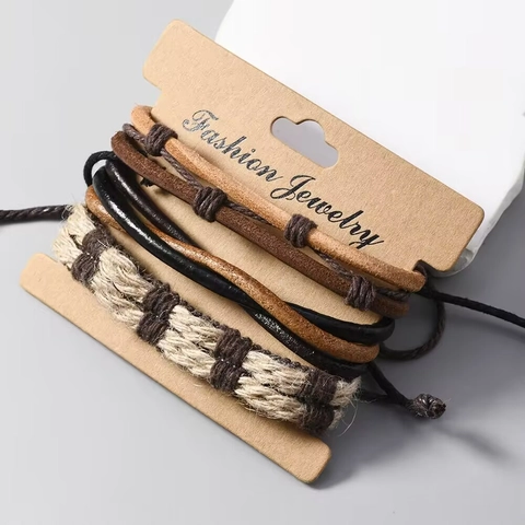 Bracelet Homme Multicouche En Cuir De Vachette Corde De Chanvre Tissé Main Perles Bois Rétro Bohème Réglable