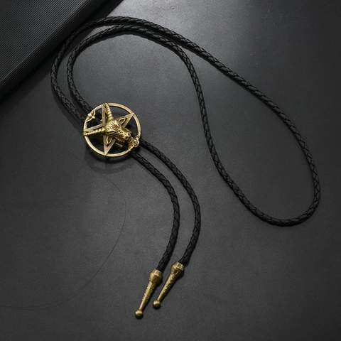 Vintage Alloy Baphomet Goat Head Pentagram Bolo Tie Braided Leather Cord Adjustable Gothic Rodeo Neckwear For Men Women