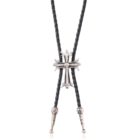 Vintage Gotik Kreuz Legierung Bolo-Krawatte Für Herren Damen PU-Leder Geflochtenes Seil Cowboy Hemd Zubehör Antiksilber Krawatte Schmuck