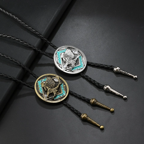 Vintage Western-Cowboy Bolo-Krawatte Adler-Anhänger Leder Geflochtene Kordel Halskette Retro Bronze Silber Legierung Herren Damen Halsschmuck
