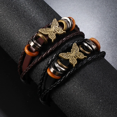 Vintage Mehrlagiges Geflochtenes Lederarmband Für Herren Punk Schmetterling Charme Perlen Handgewebtes Legierung Leder Armreif Schmuck Geschenk