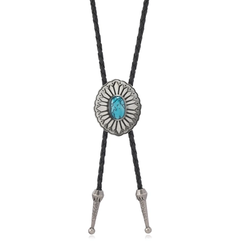 Corbata Bolo de Cuero Retro Western Collar Con Colgante de Flor de Turquesa Artificial Para Hombre Mujer Joyería de Plata Antigua