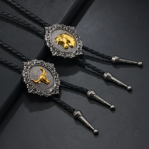 Cravate Bolo Cowboy de l'Ouest Vintage Pendentif Tête de Taureau Cheval en Alliage Cordon en Cuir Tressé Bijoux Homme