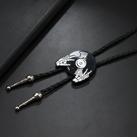 Vintage Skelethanden Vinylplaat Bolo Das Voor Heren Antiek Zilver Punk Rock Gevlochten Leren Touw Hanger Ketting Halloween Cadeau