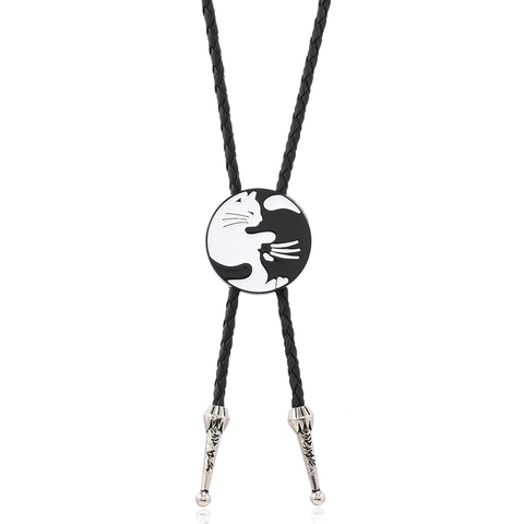 Vintage Unisex Katze Yin Yang Bolo Krawatte Retro Schwarz Leder Seil Legierung Emaille Anhänger Halskette Für Damen Herren Schmuck