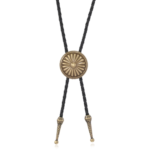 Western Cowboy Bolo Tie Retro Flower Pattern Alloy Pendant Leather Weaving Necklace For Men Women Fashion Jewelry Accessory