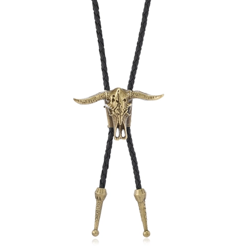 Corbata Bolo de Vaquero Occidental Vintage Colgante de Cráneo de Toro Cuero Cuerda Trenzada Collar Retro Ajustable para Halloween