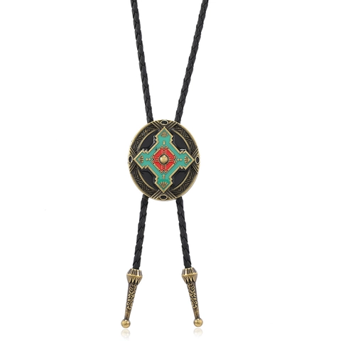 Corbata de Bolo Vaquero Occidental Vintage Collar Colgante Tótem Geométrico para Hombre Mujer Cordón Cuero Trenzado Corbata Retro