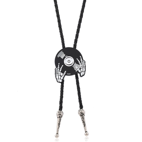 Vintage Skelethanden Vinylplaat Bolo Das Voor Heren Antiek Zilver Punk Rock Gevlochten Leren Touw Hanger Ketting Halloween Cadeau