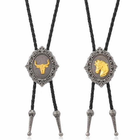 Cravate Bolo Cowboy de l'Ouest Vintage Pendentif Tête de Taureau Cheval en Alliage Cordon en Cuir Tressé Bijoux Homme