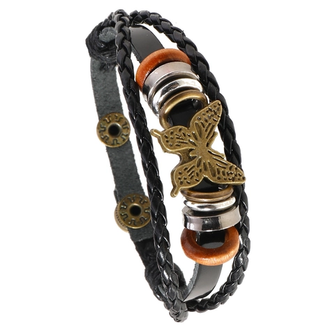 Vintage Mehrlagiges Geflochtenes Lederarmband Für Herren Punk Schmetterling Charme Perlen Handgewebtes Legierung Leder Armreif Schmuck Geschenk