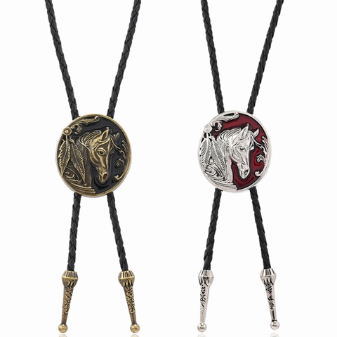 Western Cowboy Vintage Pferdekopf Bolo-Krawatte Antike Legierung Anhänger Geflochtenes Kunstleder Kordel Halskette Damen Herren Schmuck