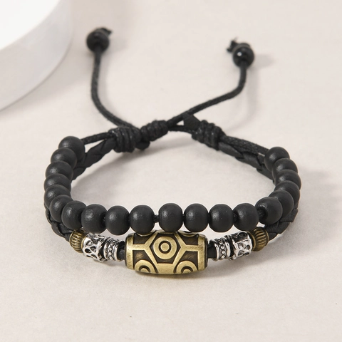 Vintage Ethnic Dzi Bead Pendant Necklace For Men Women Woven Wax Cord Braided Bracelet Retro Alloy Totem Jewelry Gift