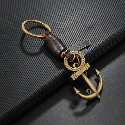Vintage Bronze Alloy Ship Anchor Keychain With Dark Brown Braided Cowhide Leather Wrap Nautical Retro Industrial Keyring