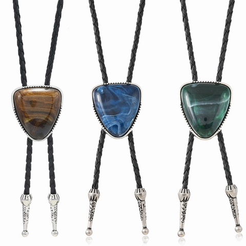 Vintage Western Cowboy Bolo Krawatte Legierung Dreieck Kunststein Anhänger Geflochtene Leder Seil Halskette Herren Damen Schmuck