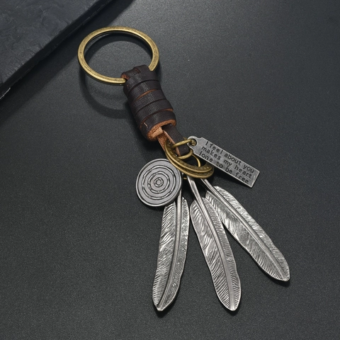 Vintage Woven Cowhide Alloy Feather Anchor Keychain Retro Antique Bronze Leather Pendant Key Ring For Men Women Daily Gift