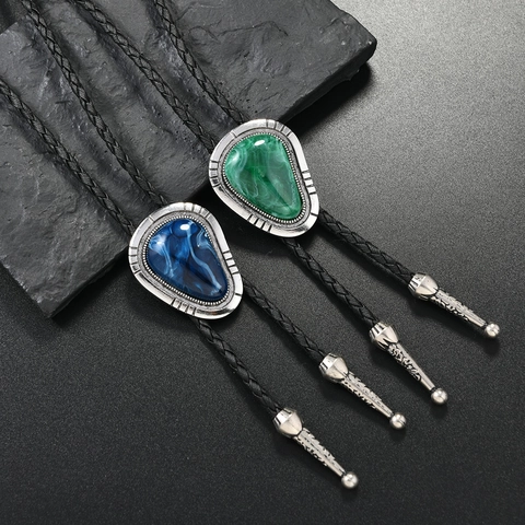 Vintage Western Bolo Tie With Blue Green Faux Marble Resin Stone Alloy Flower Base Black Braided Leather Rope Necklace