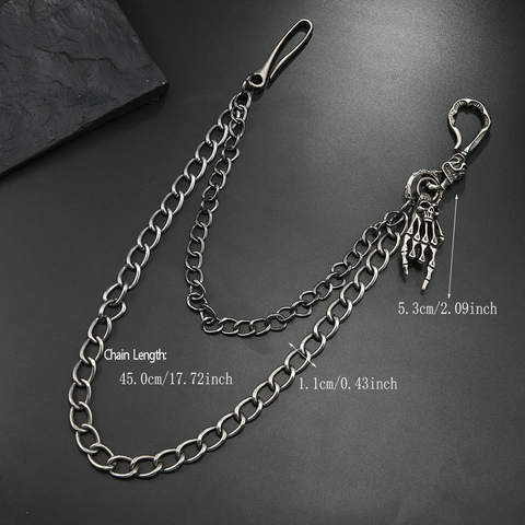 Catena da Vita in Metallo a Doppio Strato con Mano di Scheletro Punk Argento Antico per Uomo Hip Hop Streetwear Jeans