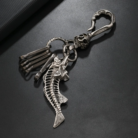 Retro Punk Skelet Visgraat Metalen Sleutelhanger Gotisch Schedel Auto Sleutelring Hanger Voor Mannen Vrouwen Halloween Cadeau