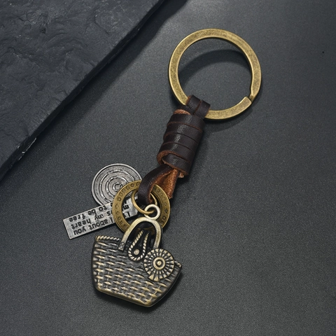Portachiavi Intrecciato in Pelle Lega di Bronzo Vintage Con Ciondolo Gatto della Fortuna Civetta Cesto Stile Industriale