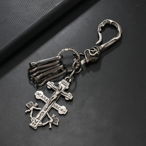Portachiavi Vintage in Argento Antico Croce di Caravaca Gotico Retro Teschio Angelo Portachiavi in Metallo per Uomo Donna