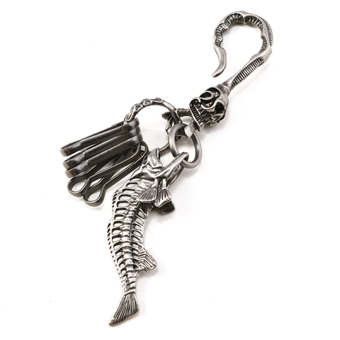 Retro Punk Skelet Visgraat Metalen Sleutelhanger Gotisch Schedel Auto Sleutelring Hanger Voor Mannen Vrouwen Halloween Cadeau