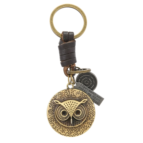Vintage Uil Sleutelhanger Retro Brons Legering Hanger Met Gevlochten Koeienhuid Leer Gegraveerd Motto Sleutelring Cadeau