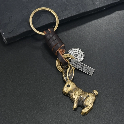 Vintage Bronze Alloy Rabbit Keychain With Brown Genuine Leather Woven Cord Retro Charm Pendant Key Ring For Men Women Gift