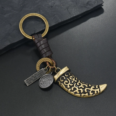 Vintage Leather Keychain Alloy Antique Bronze Ox Horn Pendant Woven Cowhide Key Ring Men Women Accessory Gift