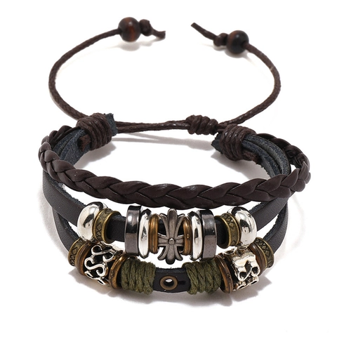 Men Retro Multi-layer Cowhide Leather Bracelet Adjustable Braided Rope With Cross Pendant Metal Beads Punk Jewelry