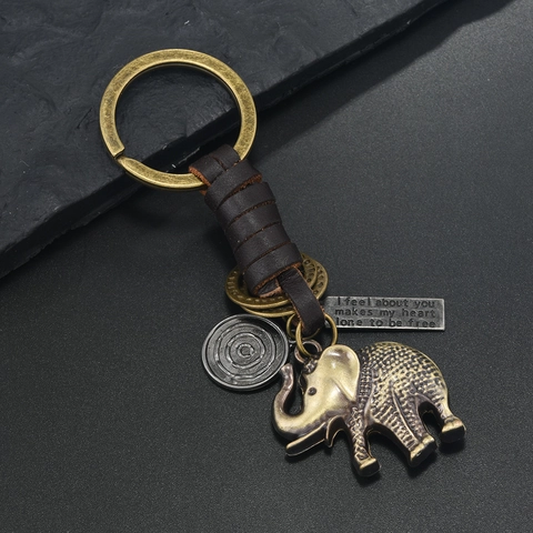 Vintage Elephant Keychain With Genuine Leather Braid Alloy Antique Bronze Quote Tag Pendant Keyring For Men Women Gift