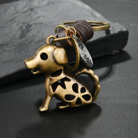 Portachiavi in Lega a Forma di Cane Vintage Con Avvolgimento in Pelle Ciondolo con Tag in Metallo Retrò Unisex Regalo