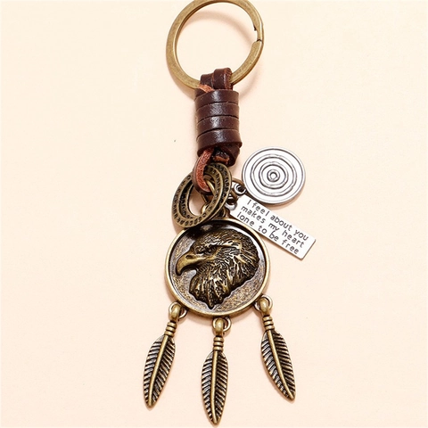 Vintage Eagle Head Relief Keychain Alloy Cowhide Leather Feather Pendant Key Ring Biker Car Bag Decor Men Women Accessory