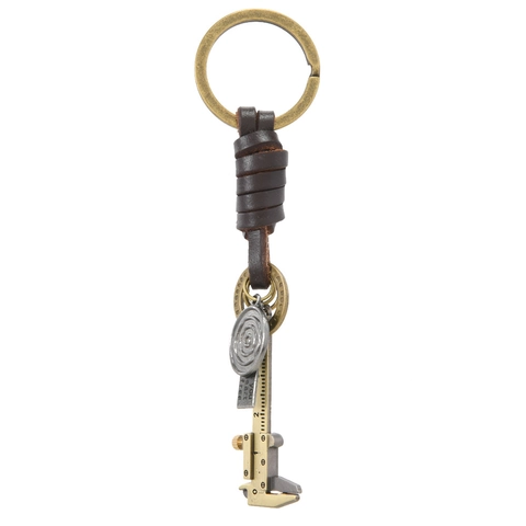 Porte-clés en Cuir Industriel Vintage Avec Pendentif Pied à Coulisse Alliage Bronze Tissé Cuir de Vachette Homme Femme