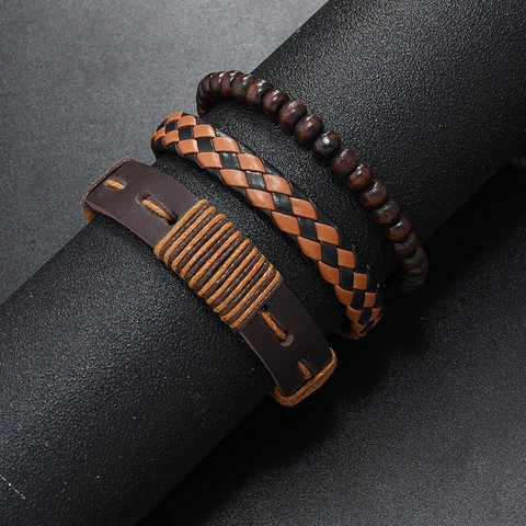 Vintage Handmade Multi-layer Bracelet Set For Men PU Leather Wood Beads Woven Wax Rope Bohemian Adjustable Jewelry Bracelet