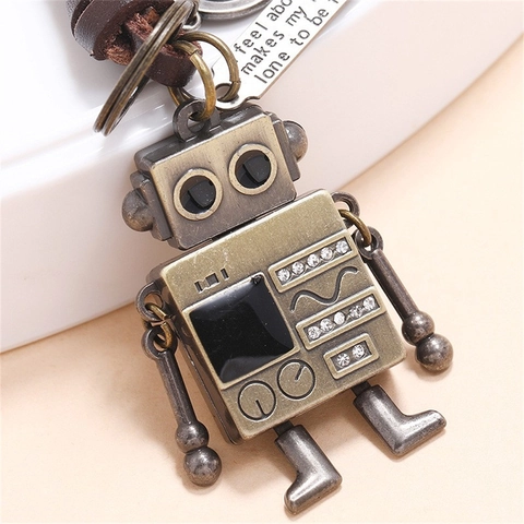 Vintage Industrial Robot Keychain Genuine Leather Braided Cord Alloy Mechanical Pendant Rhinestone Key Ring For Bag Decor