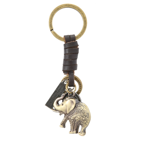 Vintage Elephant Keychain With Genuine Leather Braid Alloy Antique Bronze Quote Tag Pendant Keyring For Men Women Gift