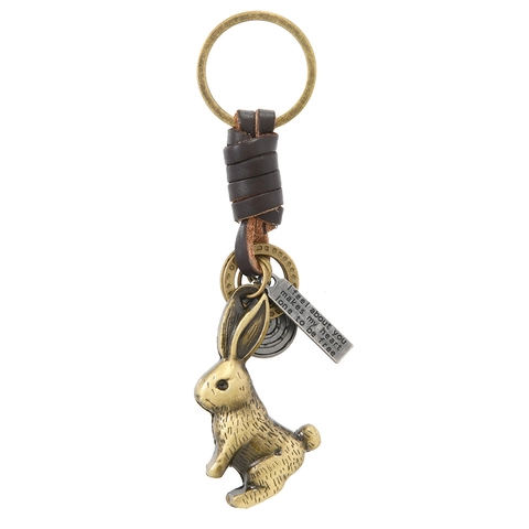 Vintage Bronze Alloy Rabbit Keychain With Brown Genuine Leather Woven Cord Retro Charm Pendant Key Ring For Men Women Gift