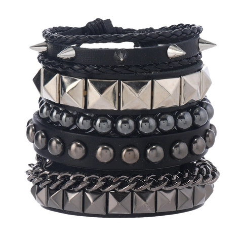 Men's Punk Multi-layer Leather Bracelet Set Alloy Rivet Chain Skull Hematite Beads Gothic Rock Wristband Jewelry Accessory