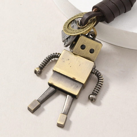 Llavero de Robot Industrial Vintage de Aleación y Cuero de Vaca Tejido a Mano Colgante de Bolso Decorativo Accesorios Unisex