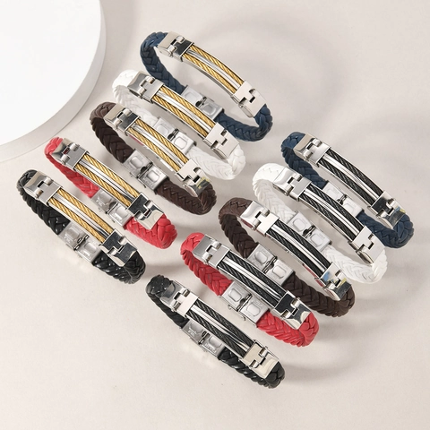Pulsera de Cuero Trenzado y Acero Inoxidable para Hombre Con Inserto de Cable de Acero Cierre Magnético Estilo Punk Joyería