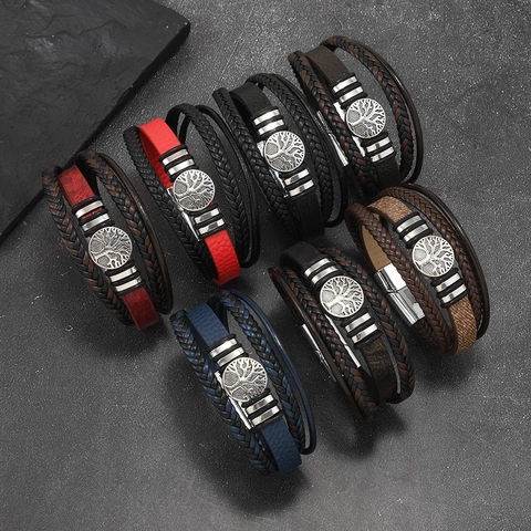 Pulsera de Cuero PU Trenzado de Varias Capas Vintage para Hombre Amuleto Árbol de la Vida Cierre Magnético Joyería