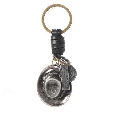 Llavero de Cuero de Vaca Sombrero de Vaquero Western Vintage Colgante de Aleación Tejido a Mano para Hombres Mujeres Coche