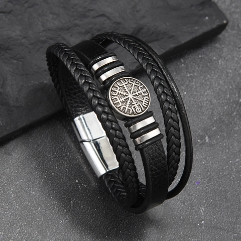 Men Punk Multilayer Braided Leather Bracelet With Nordic Compass Vegvisir Charm Alloy Stainless Steel Viking Wristband Jewelry Gift