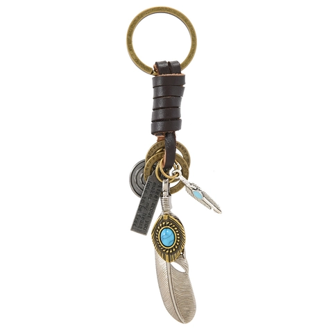 Portachiavi in Pelle di Vacchetta Vintage Ciondolo a Piuma in Lega Con Turchese Artificiale Anello Intrecciato Bohemian