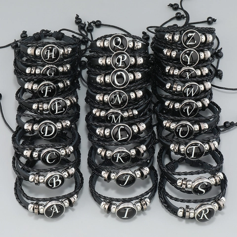 Pulsera Punk Multicapa de Cuero PU Trenzado 26 Letras Alfabeto Cuentas Hecha a Mano Retro Ajustable Para Hombre Mujer
