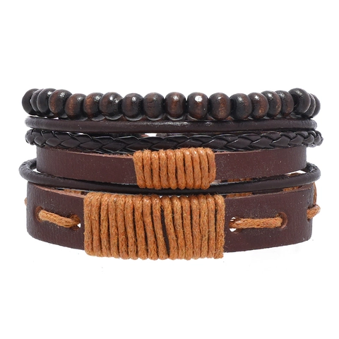 Vintage Handmade Multi-layer Bracelet Set For Men PU Leather Wood Beads Woven Wax Rope Bohemian Adjustable Jewelry Bracelet
