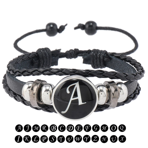 Pulsera Punk Multicapa de Cuero PU Trenzado 26 Letras Alfabeto Cuentas Hecha a Mano Retro Ajustable Para Hombre Mujer
