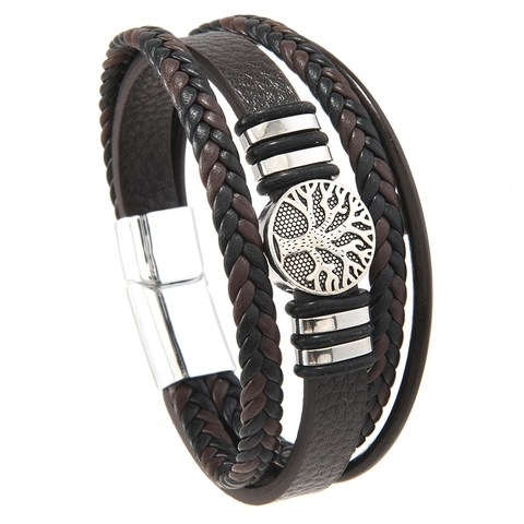 Pulsera de Cuero PU Trenzado de Varias Capas Vintage para Hombre Amuleto Árbol de la Vida Cierre Magnético Joyería